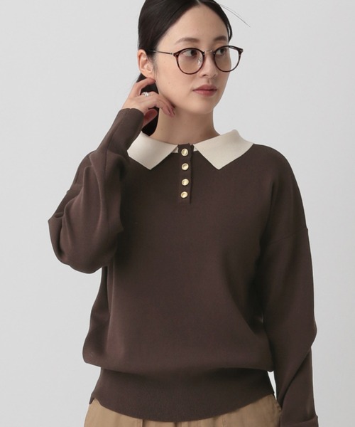 saloon（サルーン）の「SALOON(サルーン)/《再入荷・新色登場》襟付きゴールドボタン長袖ニット【手洗い可】（ニット/セーター・レディース・ブラック/ネイビー/ブラウン/ブラック×ホワイト/その他1/ダークブラウン/グリーン・FREE）」の4枚目の写真