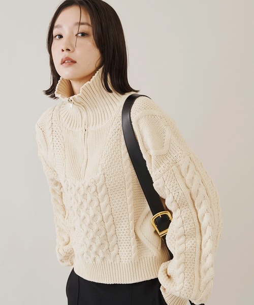 Shelly island（シェリーアイランド）の「ハーフZIPケーブルニット（Tシャツ/カットソー・レディース・ホワイト/ブラック・FREE）」の2枚目の写真