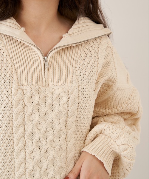 Shelly island（シェリーアイランド）の「ハーフZIPケーブルニット（Tシャツ/カットソー・レディース・ホワイト/ブラック・FREE）」の6枚目の写真