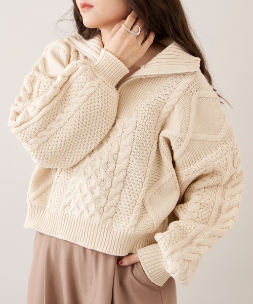 Shelly island（シェリーアイランド）の「ハーフZIPケーブルニット（Tシャツ/カットソー・レディース・ホワイト/ブラック・FREE）」の4枚目の写真