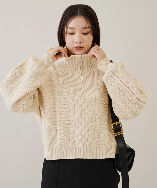 Shelly island（シェリーアイランド）の「ハーフZIPケーブルニット（Tシャツ/カットソー・レディース・ホワイト/ブラック・FREE）」の21枚目の写真