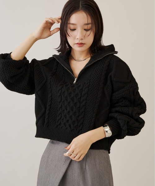 Shelly island（シェリーアイランド）の「ハーフZIPケーブルニット（Tシャツ/カットソー・レディース・ホワイト/ブラック・FREE）」の13枚目の写真