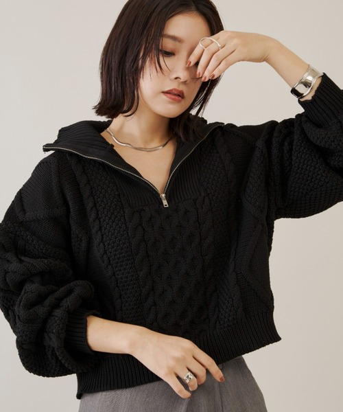 Shelly island（シェリーアイランド）の「ハーフZIPケーブルニット（Tシャツ/カットソー・レディース・ホワイト/ブラック・FREE）」の9枚目の写真