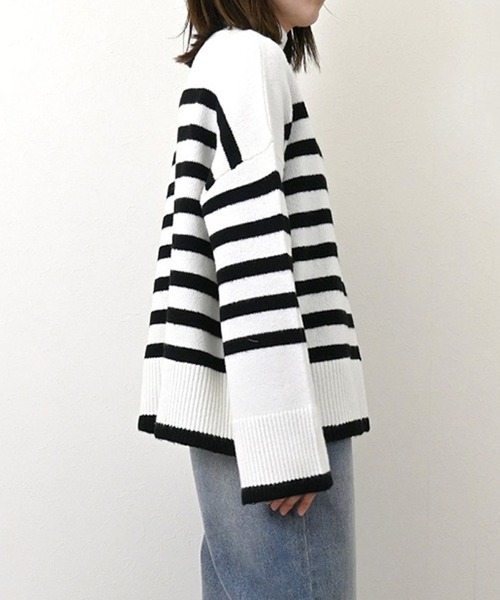 STYLEBLOCK（スタイルブロック）の「バスクボーダーニットハイネックプルオーバー（ニット/セーター・レディース・ブラック/グリーン/ブルー/オフホワイト/グレイッシュベージュ・M）」の8枚目の写真