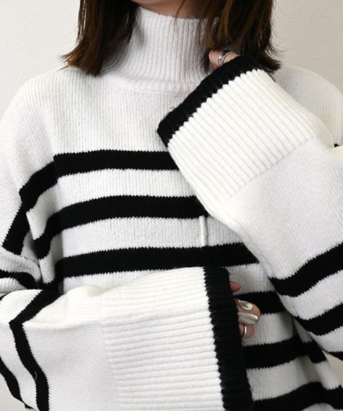 STYLEBLOCK（スタイルブロック）の「バスクボーダーニットハイネックプルオーバー（ニット/セーター・レディース・ブラック/グリーン/ブルー/オフホワイト/グレイッシュベージュ・M）」の10枚目の写真