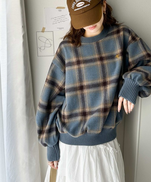 classicalelf(クラシカルエルフ)の「レトロチェック気分♪胸刺繍入りオンブレチェックプルオーバー(スウェット・レディース・ブルー/グリーン・X-LARGE/MEDIUM/SMALL/LARGE)」の7枚目の写真