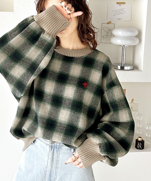 セール】レトロチェック気分♪胸刺繍入りオンブレチェックプルオーバー 