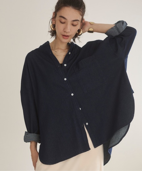 オーバーサイズ バンドカラー デニムシャツ（シャツ/ブラウス）｜ANGIE
