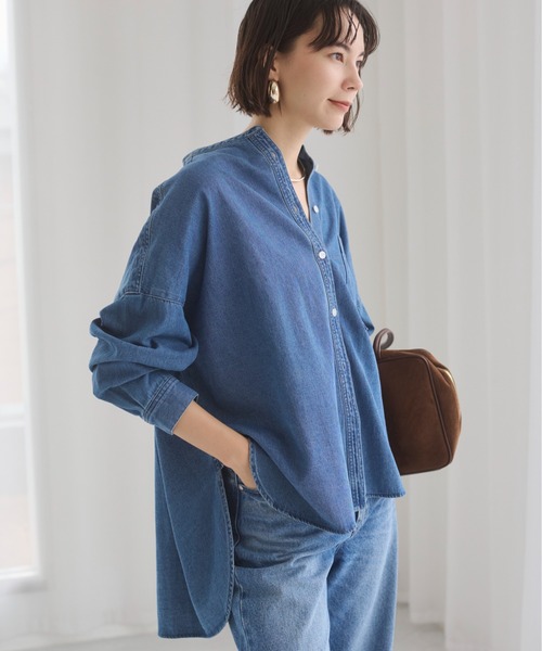 セール】オーバーサイズ バンドカラー デニムシャツ（シャツ/ブラウス