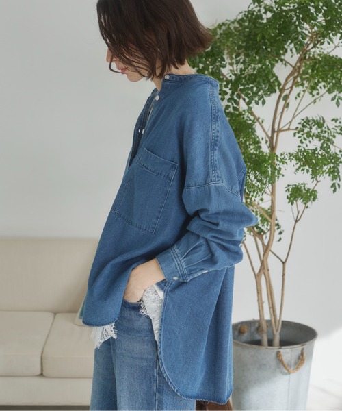 セール】オーバーサイズ バンドカラー デニムシャツ（シャツ/ブラウス