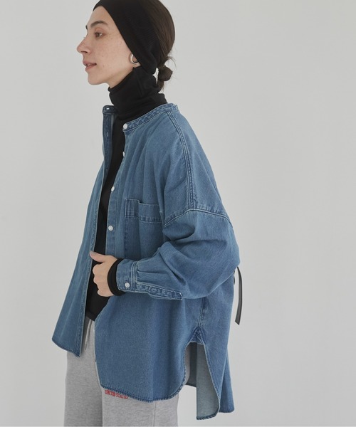 オーバーサイズ バンドカラー デニムシャツ（シャツ/ブラウス）｜ANGIE