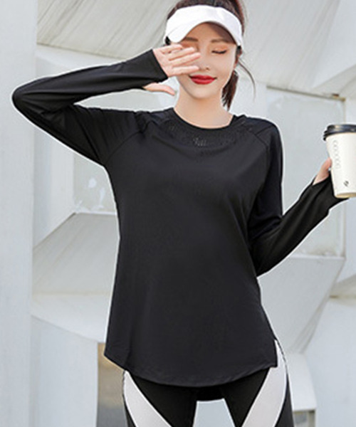 大きいサイズ有】長袖サムホール付きサイドスリットヨガトップス