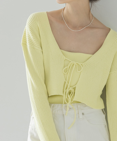 Noble（ノーブル）の「COTTON BOUCLEリブショートカーディガン（カーディガン/ボレロ・レディース・ホワイト/ライトグリーン・FREE）」の18枚目の写真