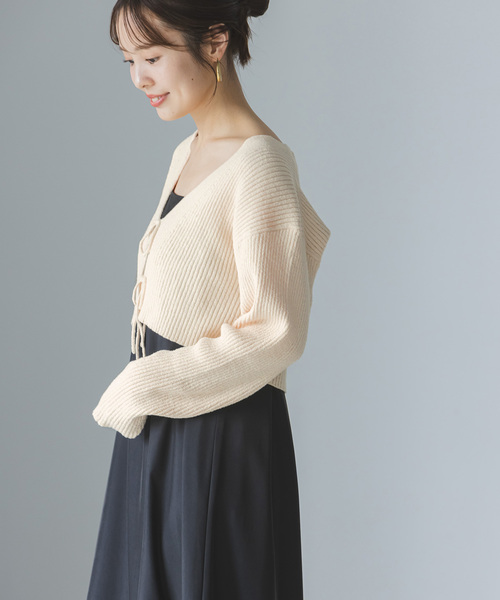 Noble（ノーブル）の「COTTON BOUCLEリブショートカーディガン（カーディガン/ボレロ・レディース・ホワイト/ライトグリーン・FREE）」の4枚目の写真