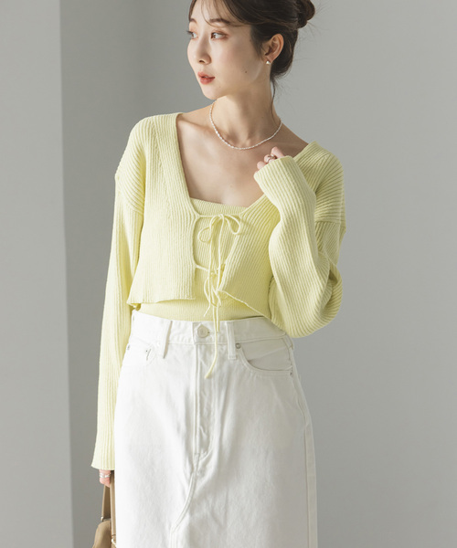 Noble（ノーブル）の「COTTON BOUCLEリブショートカーディガン（カーディガン/ボレロ・レディース・ホワイト/ライトグリーン・FREE）」の9枚目の写真