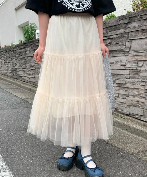 SHEPP(シープ)の「チュールティアード ロングスカート(スカート・レディース・ブルー/アイボリー/ライトピンク/ブラック/ホワイト・F)」の3枚目の写真