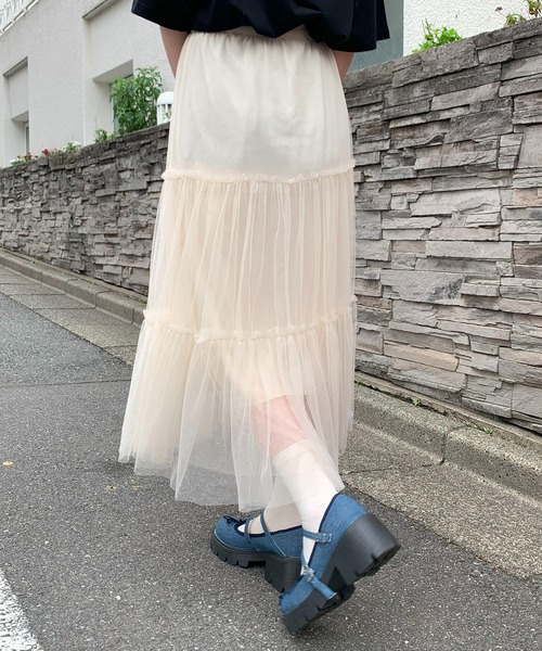 SHEPP(シープ)の「チュールティアード ロングスカート(スカート・レディース・ブルー/アイボリー/ライトピンク/ブラック/ホワイト・F)」の7枚目の写真