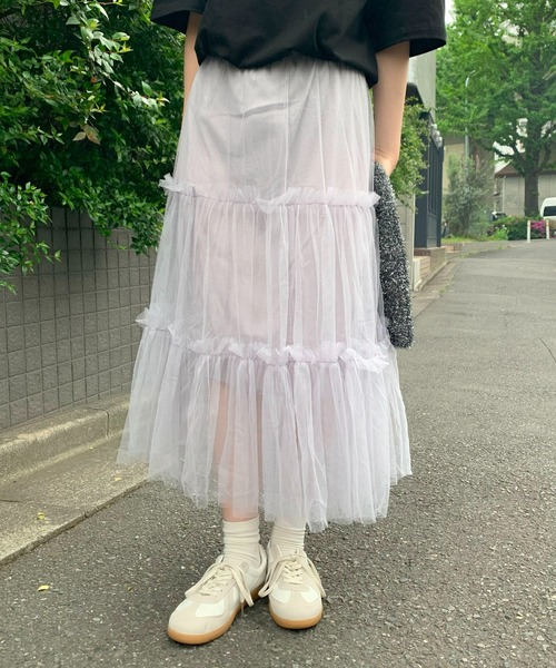 SHEPP(シープ)の「チュールティアード ロングスカート(スカート・レディース・ブルー/アイボリー/ライトピンク/ブラック/ホワイト・F)」の13枚目の写真