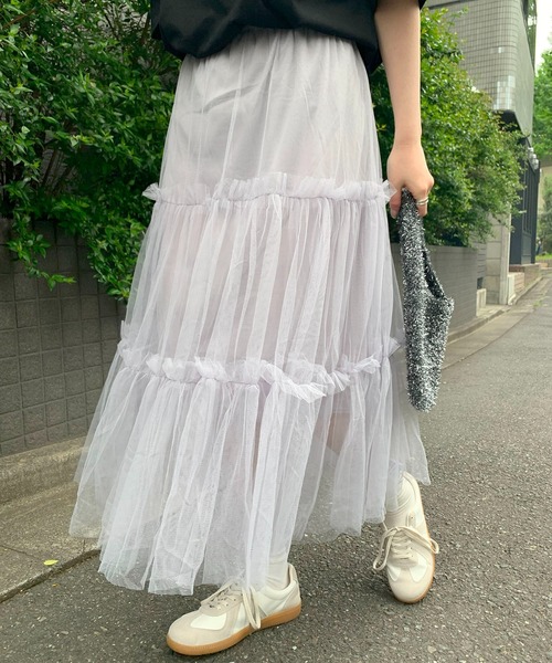 SHEPP(シープ)の「チュールティアード ロングスカート(スカート・レディース・ブルー/アイボリー/ライトピンク/ブラック/ホワイト・F)」の14枚目の写真