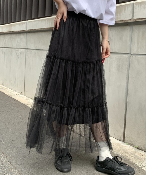 SHEPP(シープ)の「チュールティアード ロングスカート(スカート・レディース・ブルー/アイボリー/ライトピンク/ブラック/ホワイト・F)」の21枚目の写真