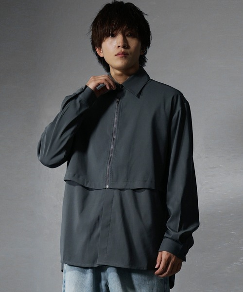 MinoriTY(マイノリティ)の「【MinoriTY】フロントジップフラシミニマルシャツ オーバーサイズ ビッグシルエット ルーズフィット メンズ 秋服(シャツ/ブラウス・メンズ・グリーン/チャコール・S/M/L)」の1枚目の写真