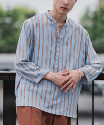 EDIFICE | ストライプ ドレーピー 8分袖 バンドカラープルオーバーシャツ(シャツ/ブラウス)