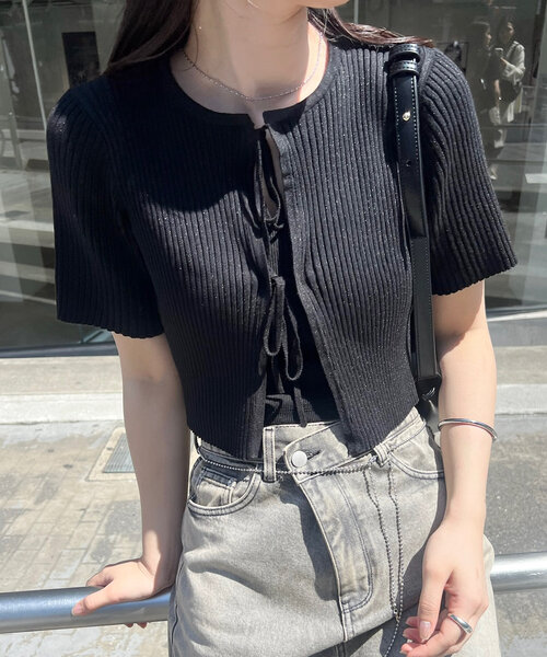 mystic（ミスティック）の「【5色展開】半袖ラメリボンカーディガン（カーディガン/ボレロ・レディース・アイボリー/ブラック/ブルー/グリーン/オレンジ・FREE）」の3枚目の写真