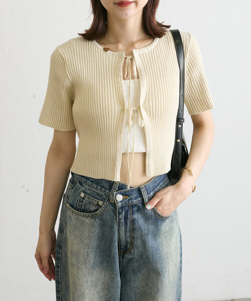 mystic（ミスティック）の「【5色展開】半袖ラメリボンカーディガン（カーディガン/ボレロ・レディース・アイボリー/ブラック/ブルー/グリーン/オレンジ・FREE）」の6枚目の写真