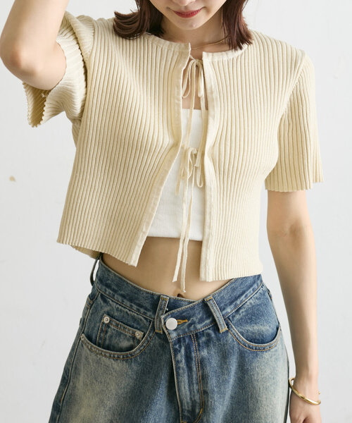 mystic（ミスティック）の「【5色展開】半袖ラメリボンカーディガン（カーディガン/ボレロ・レディース・アイボリー/ブラック/ブルー/グリーン/オレンジ・FREE）」の10枚目の写真