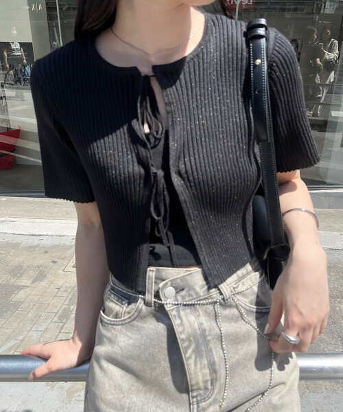 mystic（ミスティック）の「【5色展開】半袖ラメリボンカーディガン（カーディガン/ボレロ・レディース・アイボリー/ブラック/ブルー/グリーン/オレンジ・FREE）」の15枚目の写真