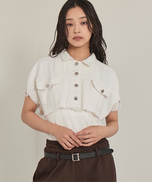 miette(ミエット)の「半袖クロップドデニムジャケット(デニムジャケット・レディース・オフホワイト/ブラック・FREE)」の1枚目の写真
