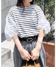 reca | 無地＆ボーダー袖チュールボリューム袖プルオーバー(Tシャツ/カットソー)