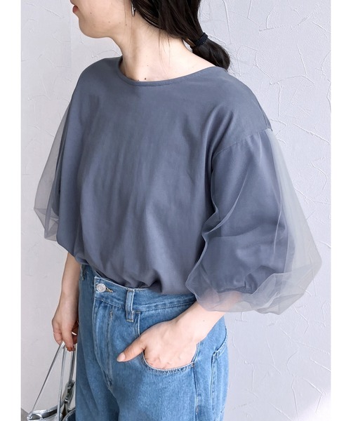 reca（レカ）の「無地＆ボーダー袖チュールボリューム袖プルオーバー（Tシャツ/カットソー・レディース・ホワイト×ブラック/セージグリーン/ブルーグレー/ホワイト×ブルー・FREE）」の3枚目の写真