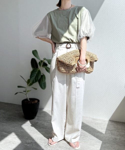 reca（レカ）の「無地＆ボーダー袖チュールボリューム袖プルオーバー（Tシャツ/カットソー・レディース・ホワイト×ブラック/セージグリーン/ブルーグレー/ホワイト×ブルー・FREE）」の8枚目の写真