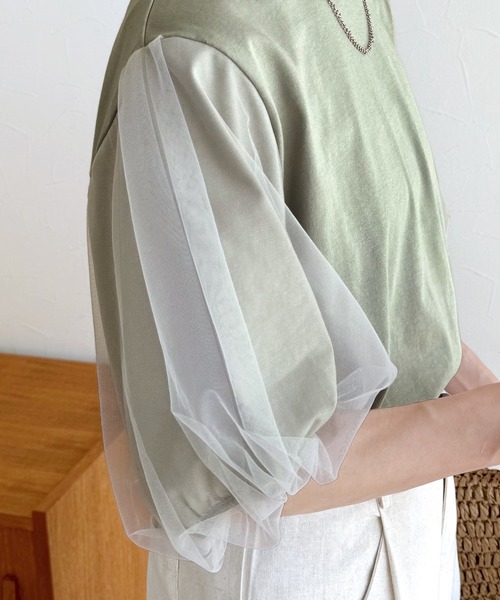 reca（レカ）の「無地＆ボーダー袖チュールボリューム袖プルオーバー（Tシャツ/カットソー・レディース・ホワイト×ブラック/セージグリーン/ブルーグレー/ホワイト×ブルー・FREE）」の9枚目の写真