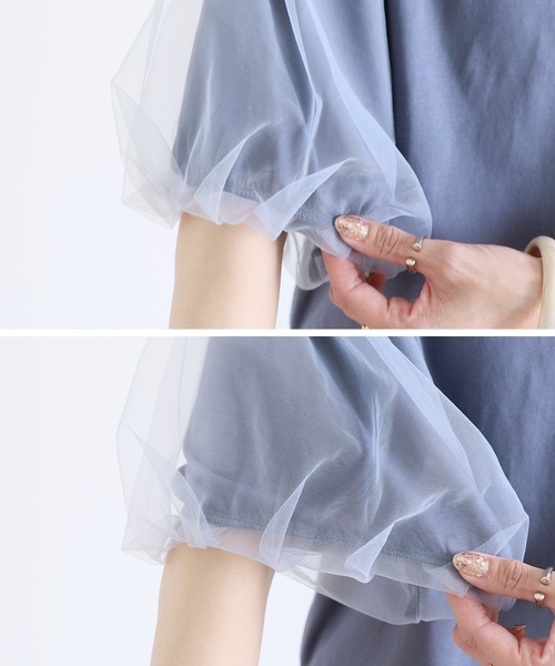 reca（レカ）の「無地＆ボーダー袖チュールボリューム袖プルオーバー（Tシャツ/カットソー・レディース・ホワイト×ブラック/セージグリーン/ブルーグレー/ホワイト×ブルー・FREE）」の14枚目の写真