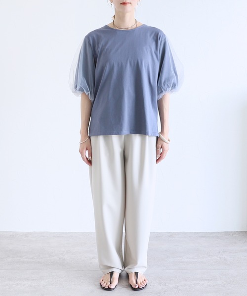 reca（レカ）の「無地＆ボーダー袖チュールボリューム袖プルオーバー（Tシャツ/カットソー・レディース・ホワイト×ブラック/セージグリーン/ブルーグレー/ホワイト×ブルー・FREE）」の7枚目の写真