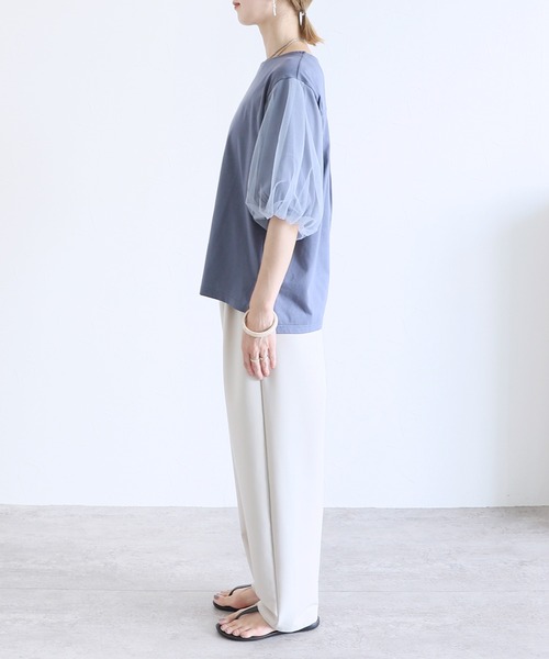 reca（レカ）の「無地＆ボーダー袖チュールボリューム袖プルオーバー（Tシャツ/カットソー・レディース・ホワイト×ブラック/セージグリーン/ブルーグレー/ホワイト×ブルー・FREE）」の6枚目の写真