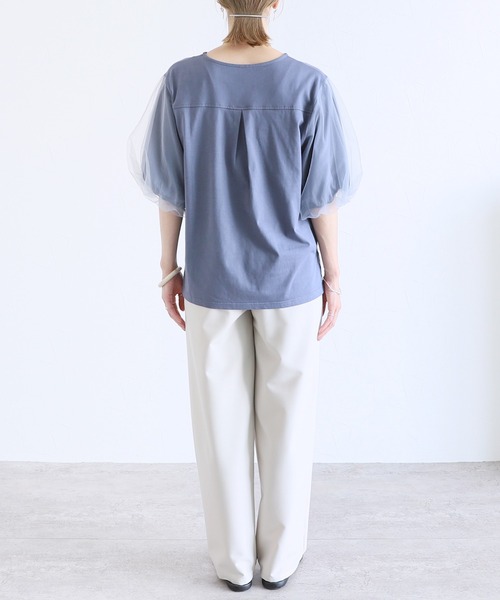 reca（レカ）の「無地＆ボーダー袖チュールボリューム袖プルオーバー（Tシャツ/カットソー・レディース・ホワイト×ブラック/セージグリーン/ブルーグレー/ホワイト×ブルー・FREE）」の5枚目の写真