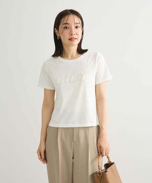 パール調ビジュー付ロゴTシャツ / テレビショッピング まるごと得だね市！から登場 セール】・swing by パールロゴTEE（Tシャツ/カットソー