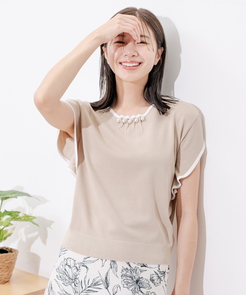 Jayro(ジャイロ)の「ネックパール付き配色プルオーバー(Tシャツ/カットソー・レディース・ネイビー/ベージュ/ピンク/ホワイト系その他・M)」の2枚目の写真