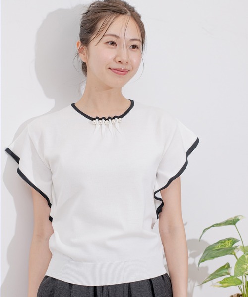 Jayro(ジャイロ)の「ネックパール付き配色プルオーバー(Tシャツ/カットソー・レディース・ネイビー/ベージュ/ピンク/ホワイト系その他・M)」の1枚目の写真