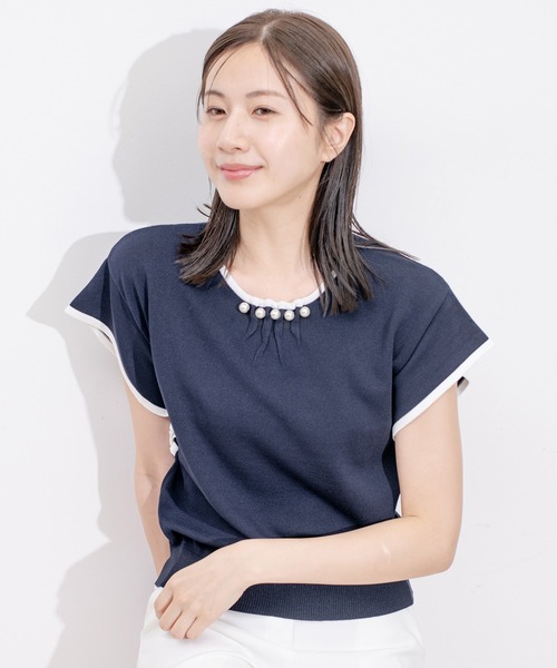 Jayro(ジャイロ)の「ネックパール付き配色プルオーバー(Tシャツ/カットソー・レディース・ネイビー/ベージュ/ピンク/ホワイト系その他・M)」の3枚目の写真