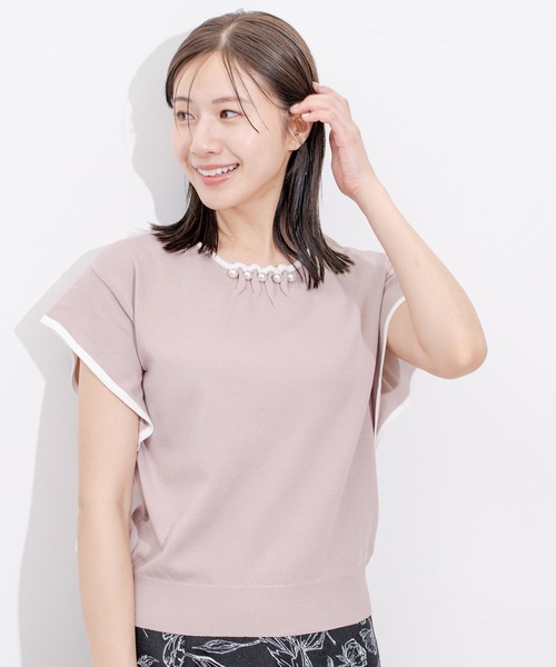 Jayro(ジャイロ)の「ネックパール付き配色プルオーバー(Tシャツ/カットソー・レディース・ネイビー/ベージュ/ピンク/ホワイト系その他・M)」の4枚目の写真