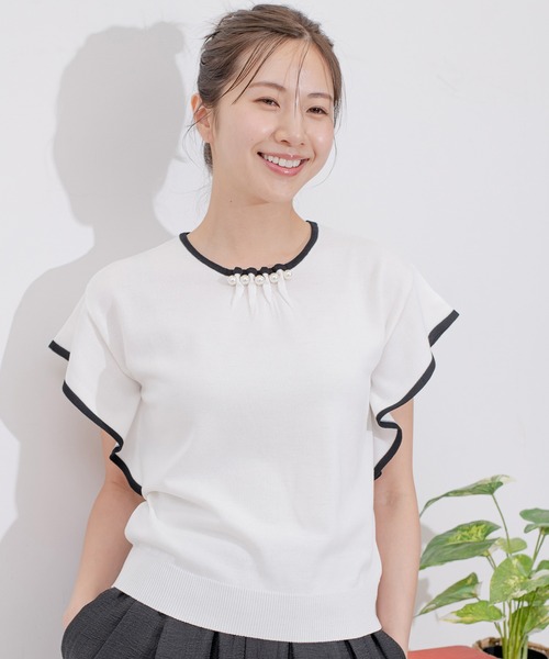 Jayro(ジャイロ)の「ネックパール付き配色プルオーバー(Tシャツ/カットソー・レディース・ネイビー/ベージュ/ピンク/ホワイト系その他・M)」の5枚目の写真