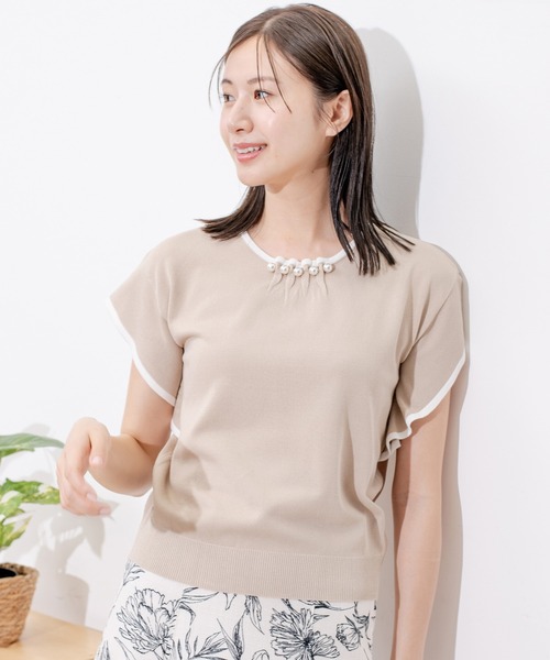 Jayro(ジャイロ)の「ネックパール付き配色プルオーバー(Tシャツ/カットソー・レディース・ネイビー/ベージュ/ピンク/ホワイト系その他・M)」の6枚目の写真