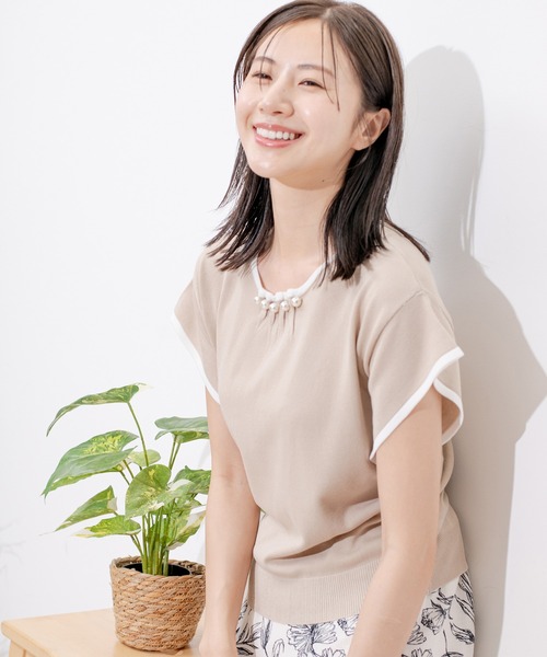 Jayro(ジャイロ)の「ネックパール付き配色プルオーバー(Tシャツ/カットソー・レディース・ネイビー/ベージュ/ピンク/ホワイト系その他・M)」の7枚目の写真