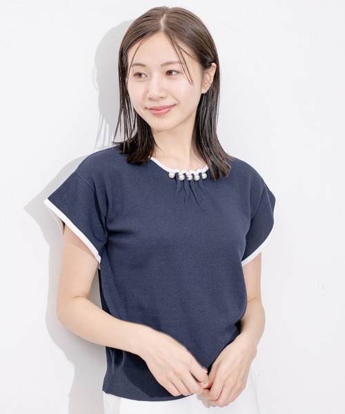 Jayro(ジャイロ)の「ネックパール付き配色プルオーバー(Tシャツ/カットソー・レディース・ネイビー/ベージュ/ピンク/ホワイト系その他・M)」の14枚目の写真