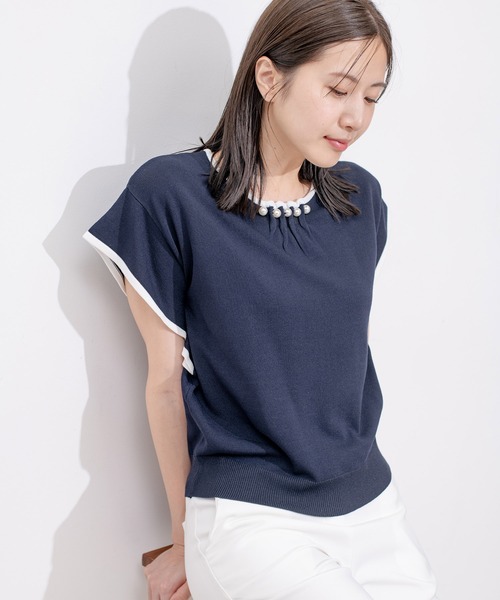 Jayro(ジャイロ)の「ネックパール付き配色プルオーバー(Tシャツ/カットソー・レディース・ネイビー/ベージュ/ピンク/ホワイト系その他・M)」の15枚目の写真