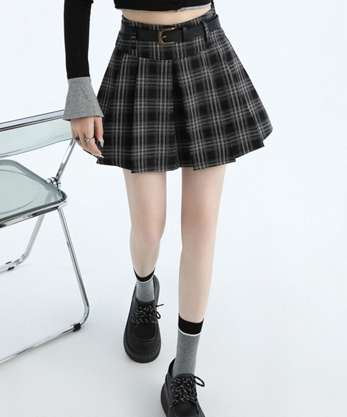セール】ベルト付きチェックプリーツミニスカート（スカート